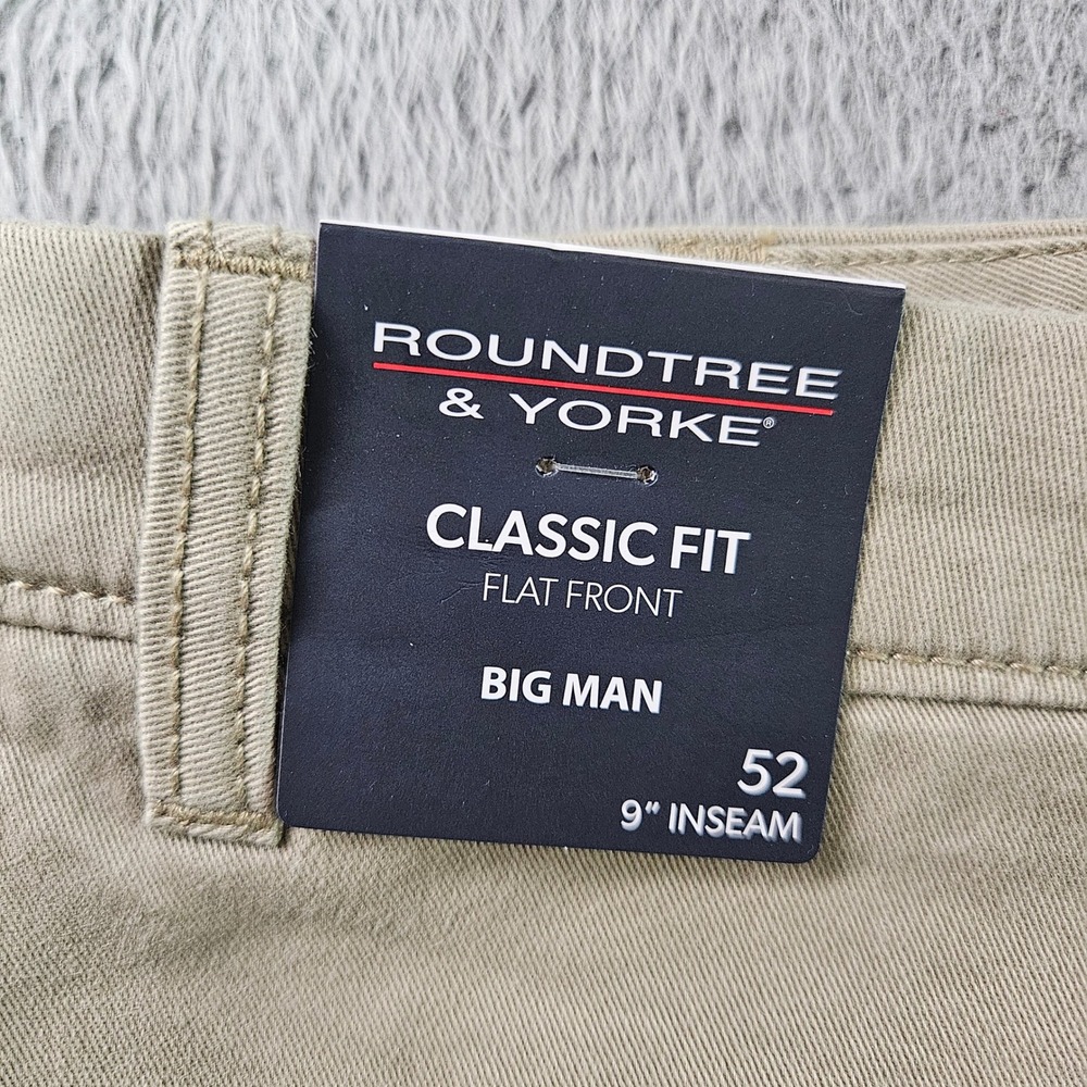Roundtree & Yorke Mens 52x9 Classic Fit Flat Front Cloud‎ Shorts Tan Khaki NEW